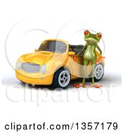 Clipart Of A 3d Green Springer Frog By A Yellow Convertible Car On A White Background Royalty Free Illustration