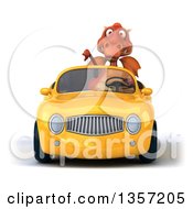 Clipart Of A 3d Red Dragon Giving A Thumb Down And Driving A Yellow Convertible Car On A White Background Royalty Free Illustration by Julos