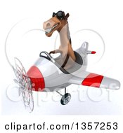 Clipart Of A 3d Brown Horse Aviator Pilot Wearing Sunglasses And Flying A White And Red Airplane On A White Background Royalty Free Illustration