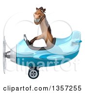 Clipart Of A 3d Brown Horse Aviator Pilot Flying A Blue Airplane On A White Background Royalty Free Illustration