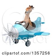 Clipart Of A 3d Brown Horse Aviator Pilot Flying A Blue Airplane On A White Background Royalty Free Illustration