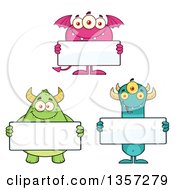 Clipart Of Cartoon Monsters Holding Blank Signs Royalty Free Vector Illustration