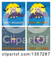 Poster, Art Print Of Cartoon Bats And Spiders With Webs And Halloween Greetings