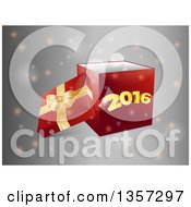 Poster, Art Print Of 3d Red Gift Box With A Gold Bow And The Lid Off With New Year 2016 On The Front Over Gray With Flares