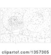 Poster, Art Print Of Cartoon Black And White Christmas Snowman Carrying Gifts And Walking On A Snowy Night
