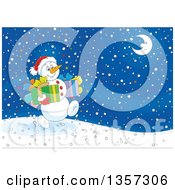 Poster, Art Print Of Cartoon Christmas Snowman Carrying Gifts And Walking On A Snowy Night