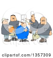 Cartoon Group Of Caucasian Male Construction Workers With A Cooler Donuts Document And Bag