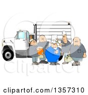 Cartoon Group Of Caucasian Male Construction Workers With A Cooler Donuts Document And Bag By A Truck