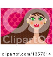 Poster, Art Print Of Green Eyed Woman With Long Polka Dot Patterned Brunette Hair Over Hearts