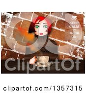 Poster, Art Print Of Green Eyed Red Haired Caucasian Woman Sitting With Coffee Against Grungy Bricks With A Keep Calm And Drink On Sign