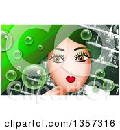 Poster, Art Print Of Brown Eyed Woman With Long Green Hair With Bubbles Over Bricks