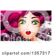 Poster, Art Print Of Green Eyed Woman With Long Pink Hair And Bubbles Over Bricks