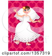 Poster, Art Print Of Blushing Brunette Caucasian Brid In A Polka Dot Dress Over A Heart Pattern