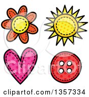 Poster, Art Print Of Doodled Polka Dot Flower Sun Heart And Button With Stitches