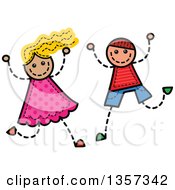 Doodled Blond White Girl And Brunette Boy Jumping And Cheering With Stitches