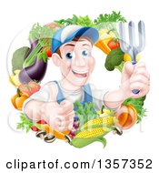 Poster, Art Print Of Middle Aged Brunette White Male Gardener In Blue Holding Up A Garden Fork And Giving A Thumb Up In A Wreath Of Produce