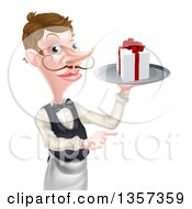 Cartoon Caucasian Male Waiter With A Curling Mustache Holding A Gift On A Platter And Pointing