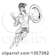 Poster, Art Print Of Lineart Black And White Muscular Spartan Man In A Helmet Fighting And Jumping With A Sword And Shield