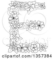Clipart Of A Black And White Lineart Floral Capital Letter E Design Royalty Free Vector Illustration