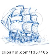 Clipart Of A Sketched Blue Ship Royalty Free Vector Illustration