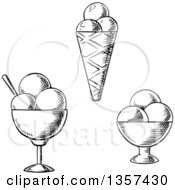 Clipart Of Black And White Sketched Ice Cream Sundaes And A Cone Royalty Free Vector Illustration