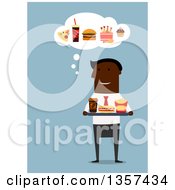 Flat Design Black Businessman Holding A Tray Of Fast Food On Blue