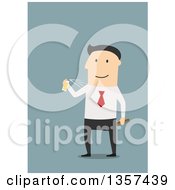 Poster, Art Print Of Flat Design White Business Man Spraying Cologne On Blue