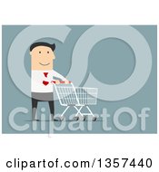 Poster, Art Print Of Flat Design White Business Man Pushing A Shopping Cart On Blue