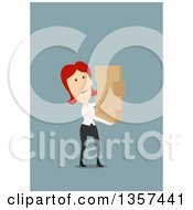 Poster, Art Print Of Flat Design Tired Red Haired White Business Woman Carrying Boxes On Blue