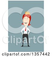 Poster, Art Print Of Flat Design Red Haired White Business Woman Wearing A Crown On Blue
