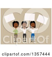 Clipart Of Flat Design Black Female Protesters Holding Signs Over Beige Royalty Free Vector Illustration