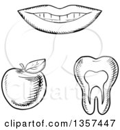 Poster, Art Print Of Black And White Sketched Mouth Tooth And Apple