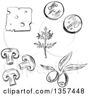 Clipart Of Black And White Sketched Pizza Toppings Cheese Dill Olives Mushrooms And Sausage Royalty Free Vector Illustration