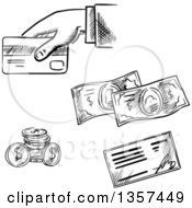 Black And White Sketched Coins Check Cash And Person Using A Credit Card