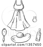 Poster, Art Print Of Black And White Sketched Lady Beauty Products And A Dress