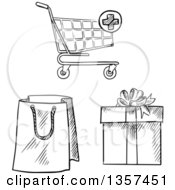 Clipart Of A Black And White Sketched Shopping Bag Gift And Cart Royalty Free Vector Illustration