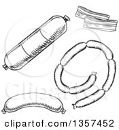 Clipart Of Black And White Sketched Bacon And Sausages Royalty Free Vector Illustration