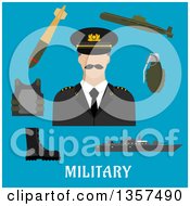 Flat Design Man In Uniform Encircled By Body Armor Army Boots Hand Grenade Submarine Combat Ship And Torpedo Over Text On Blue