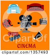 Poster, Art Print Of Flat Design Movie Camera And Production Items Over Text On Orange