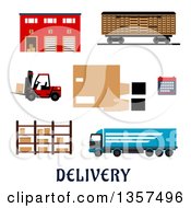 Poster, Art Print Of Flat Design Warehouse Building Freight Wagon Cargo Truck Forklift Truck Storage Rack Calendar And Hands With Parcel Cardboard Box