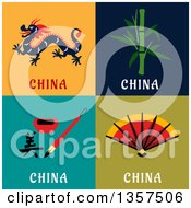 Clipart Of Flat Style Chinese Dragon Bamboo Ink And Fan Designs Royalty Free Vector Illustration by Vector Tradition SM