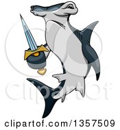 Poster, Art Print Of Cartoon Angry Hammerhead Shark Holding A Sword