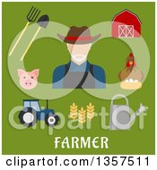Poster, Art Print Of Flat Design White Male Farmer With Equipment And Livestock Over Text On Green