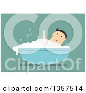 Clipart Of A Flat Design White Man Waving And Soaking In A Bath Tub On Green Royalty Free Vector Illustration