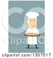 Poster, Art Print Of Flat Design White Male Chef Holding A Hot Pizza On Blue