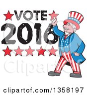 Poster, Art Print Of Cartoon Uncle Sam In An American Patiotic Suit Holding Up A Finger Over Vote 2016 Text