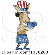 Clipart Of A Cartoon Democratic Donkey Boxer Wearing A Top Hat Royalty Free Vector Illustration
