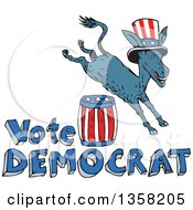 Poster, Art Print Of Cartoon Leaping Donkey Wearing A Top Hat And Jumping Over An American Barrel And Vote Democrat Text