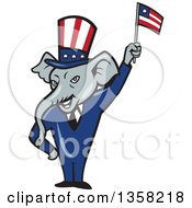 Poster, Art Print Of Cartoon Republican Elephant Wearing A Suit And Top Hat Waving An American Flag