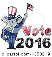 Poster, Art Print Of Cartoon Republican Elephant Wearing A Suit And Top Hat Waving An American Flag With Vote 2016 Text